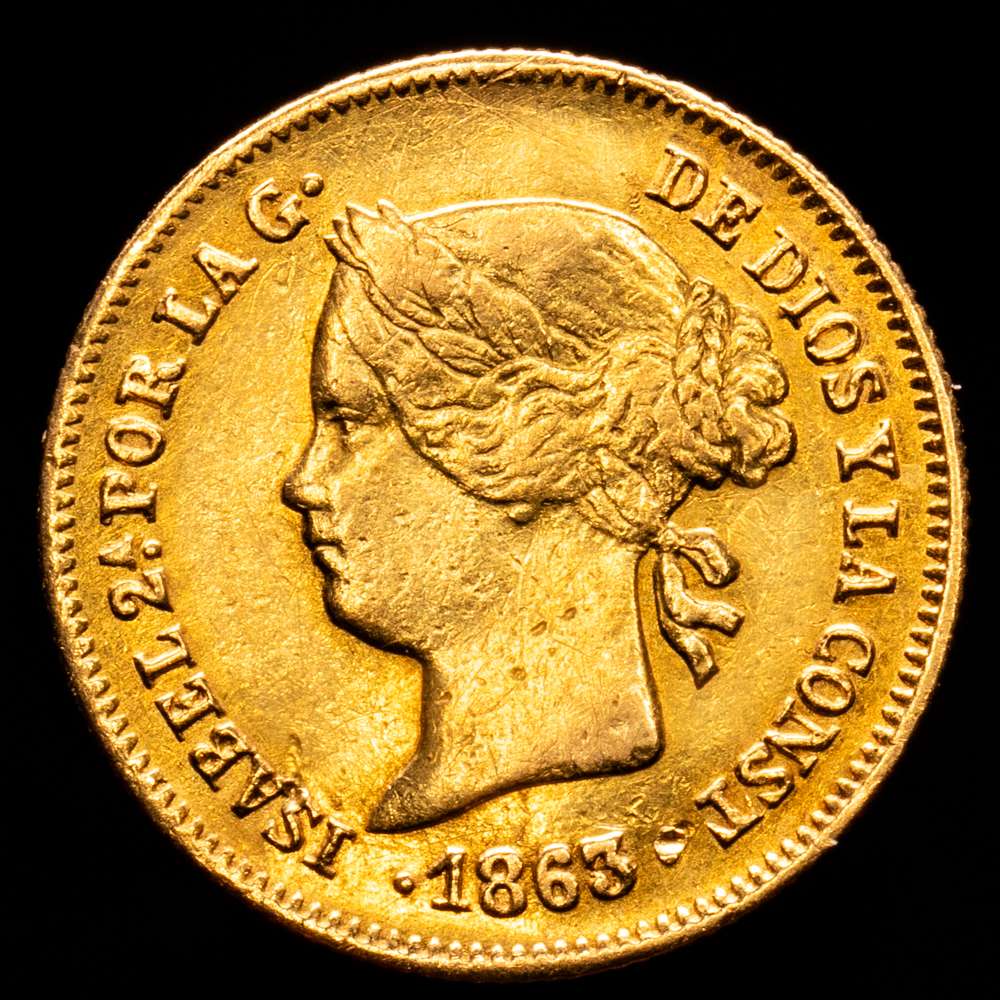 Isabel II (1833-1868). 1 Peso. 1863. Manila. (Cal-823). Au. 1,64 gramos. Escasa. Parte del brillo original. MBC+/EBC-.