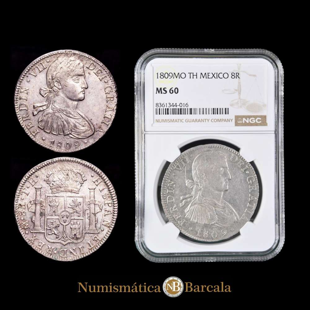 Fernando VII (1808-1833). 8 reales. 1809. México. TH. (Cal-1308). Ag. Busto imaginario. Restos de brillo originales. Encapsulada por NGC como MS 61.  Buen ejemplar.