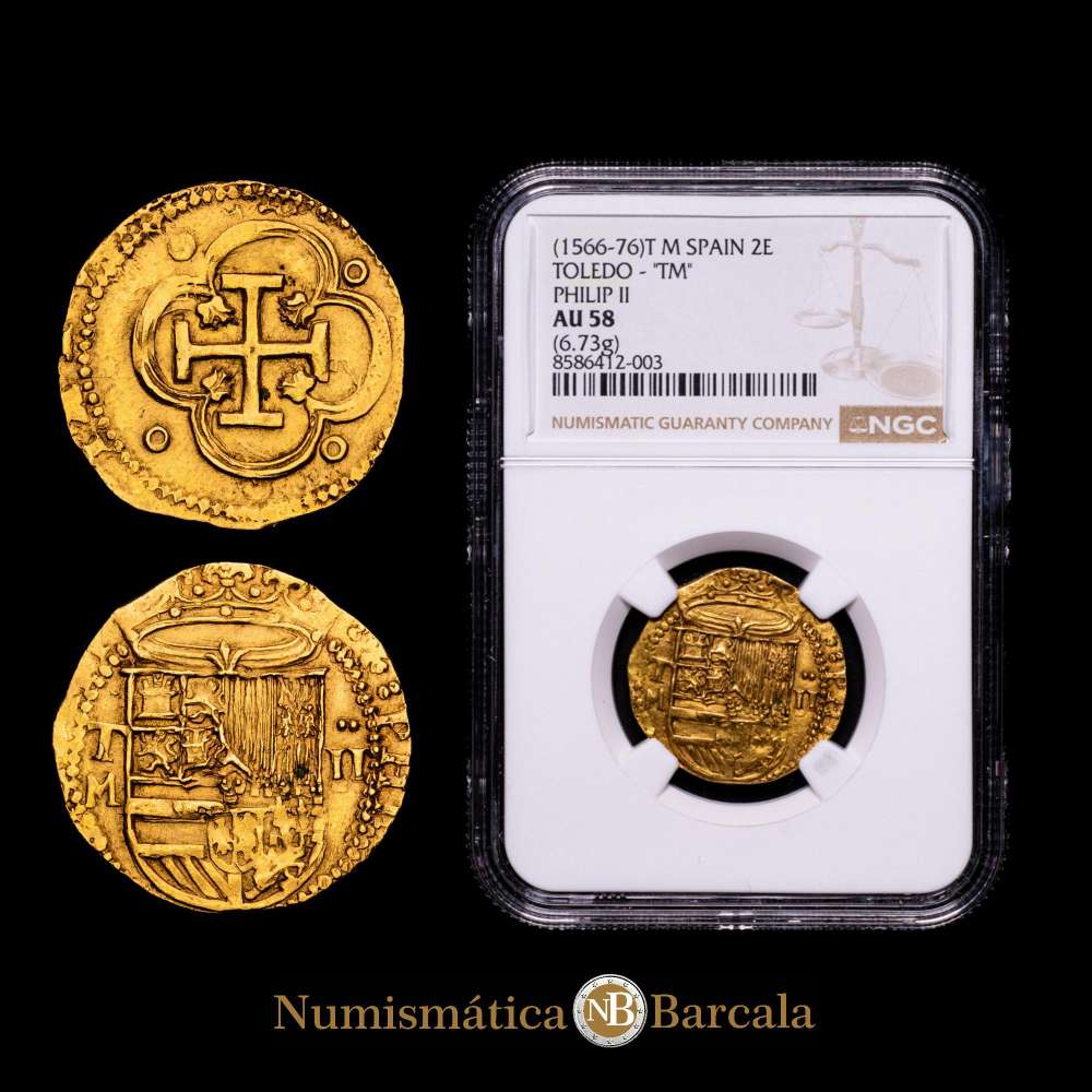 Felipe II (1556-1598). 2 escudos. ND (1566-1576). Toledo. M. (Cal-862 var). Au. 6,73 g. T/M. Bonito color. Rara en esta conservación. Encapsulada por NGC como AU 58.