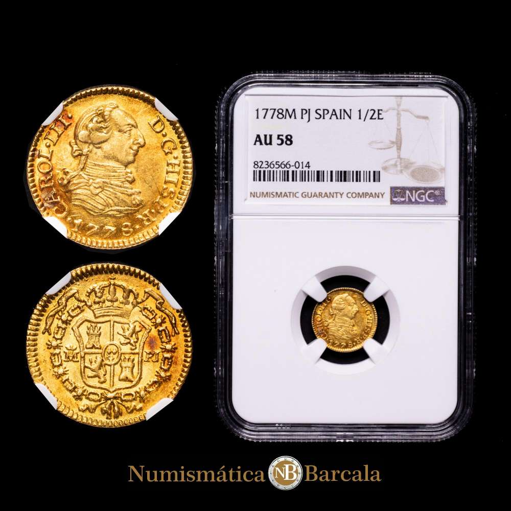 Carlos III (1759-1788). 1/2 escudo. 1778. Madrid. PJ. (Cal-1267). Au. Brillo original con un ligero tono anaranjado que acentúa su atractivo visual. Encapsulada por NGC como AU 58.