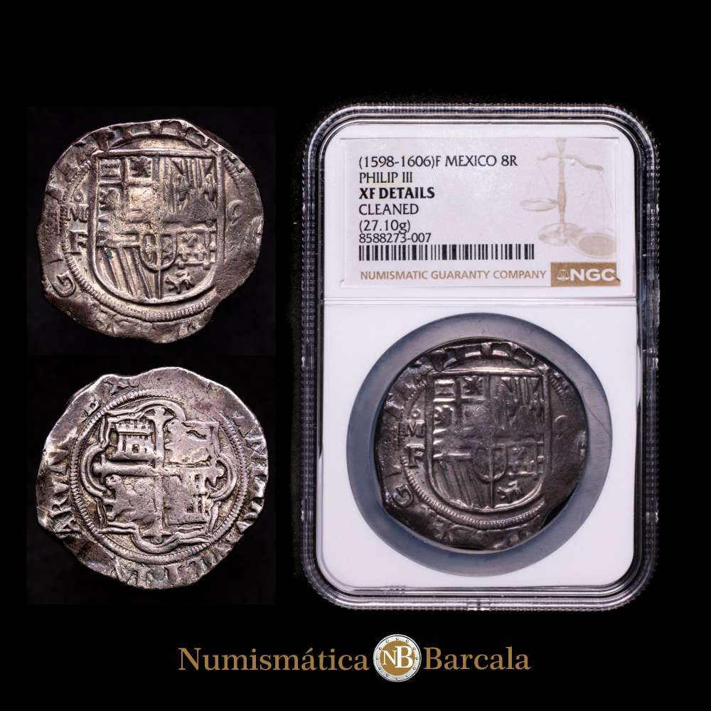 Felipe III (1598-1621). 8 reales. ND (1598-1606). México. F. (Cal-881). Ag. 27,10 g. Escasa. Encapsulada por NGC como XF Details (Cleaned).