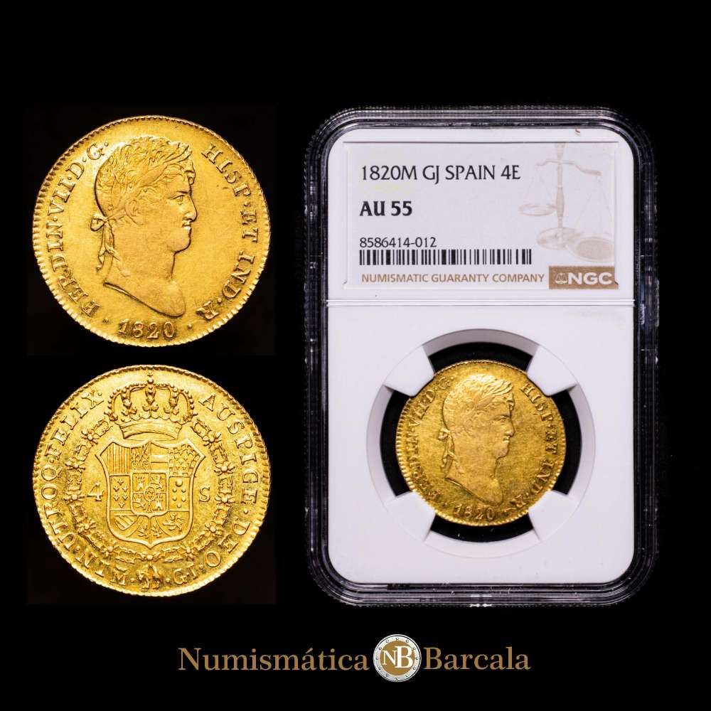 Fernando VII (1808-1833). 4 escudos. 1820. Madrid. GJ. (Cal-1716). Au. 13,56 g. Gran parte del brillo original.  Encapsulado por NGC como AU 55.