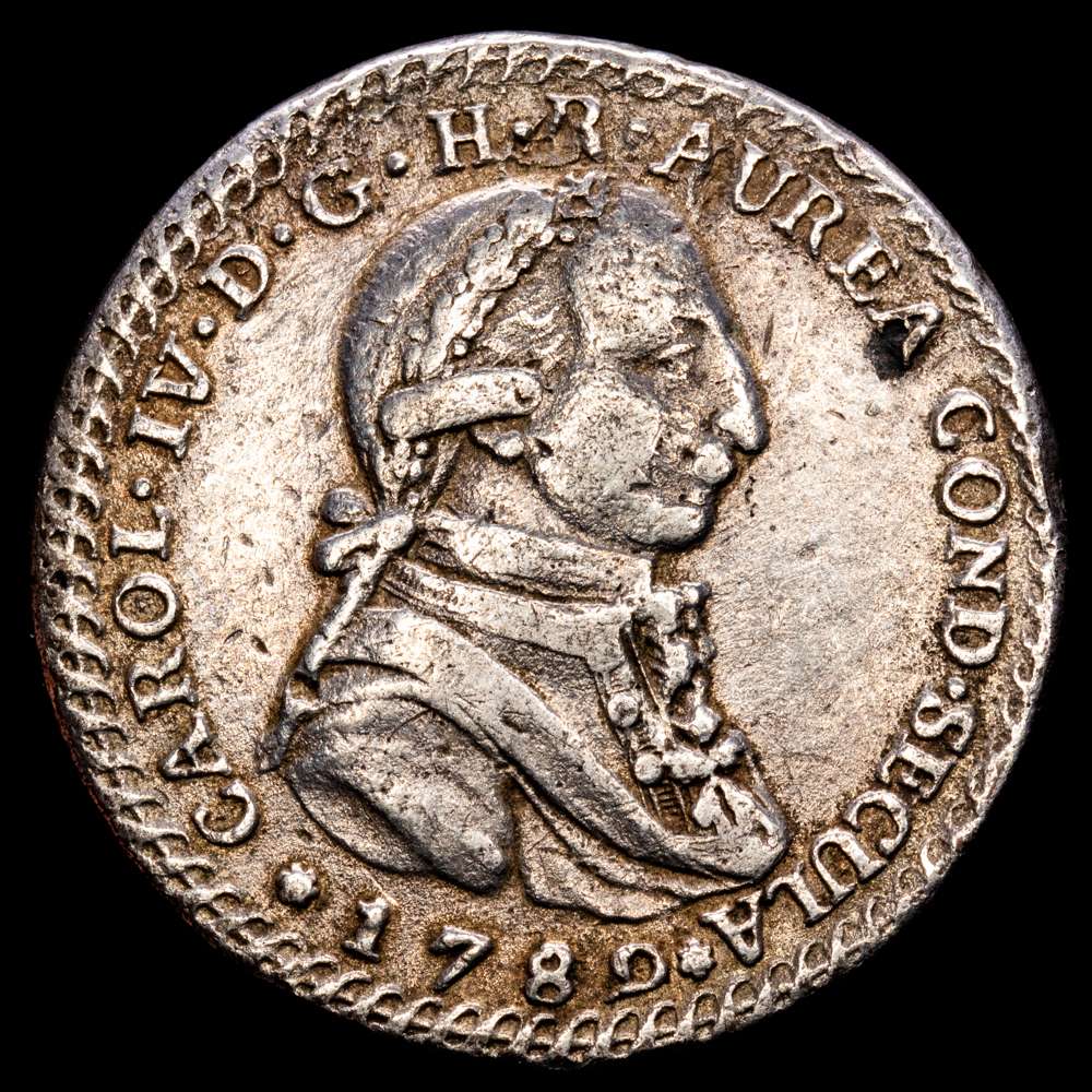 Carlos IV (1788-1808). Medalla de proclamación. 1789. Puerto de Santa María. Módulo 4 reales. (H-86). (Vives-93). Ag. 13,51 gramos. 32 mm. Escasa. MBC+.