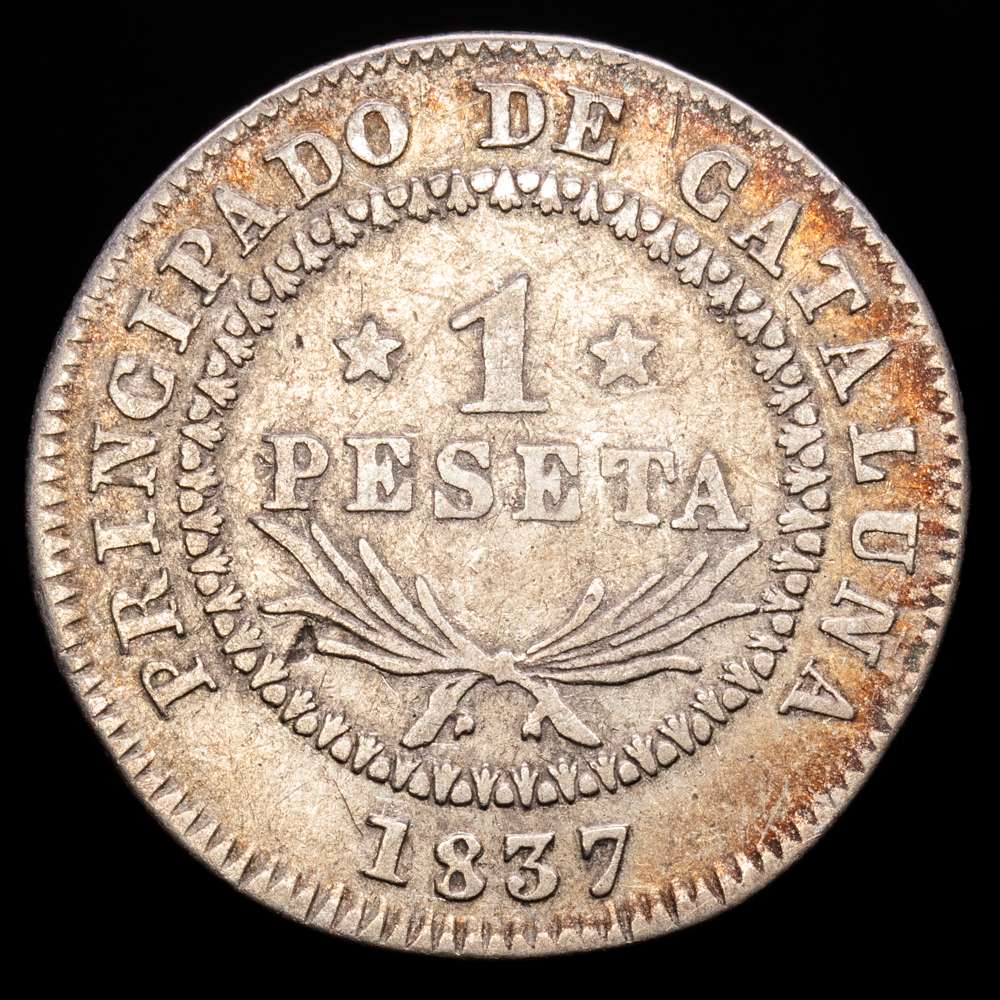 Isabel II (1833-1868). 1 peseta. 1837. Barcelona. PS. (Cal-272). Ag. 5,52 gramos. Sin punto entre P y S. Suave pátina. MBC+.