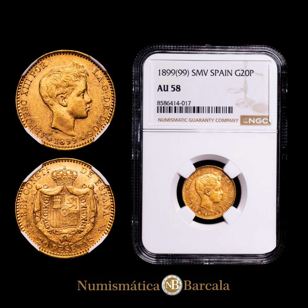 Centenario de la Peseta (1868-1931). Alfonso XIII (1886-1931). 20 pesetas. 1899*18-99. Madrid. SMV. (Cal-116). Au. Brillo original. Encapsulado por NGC como AU 58.