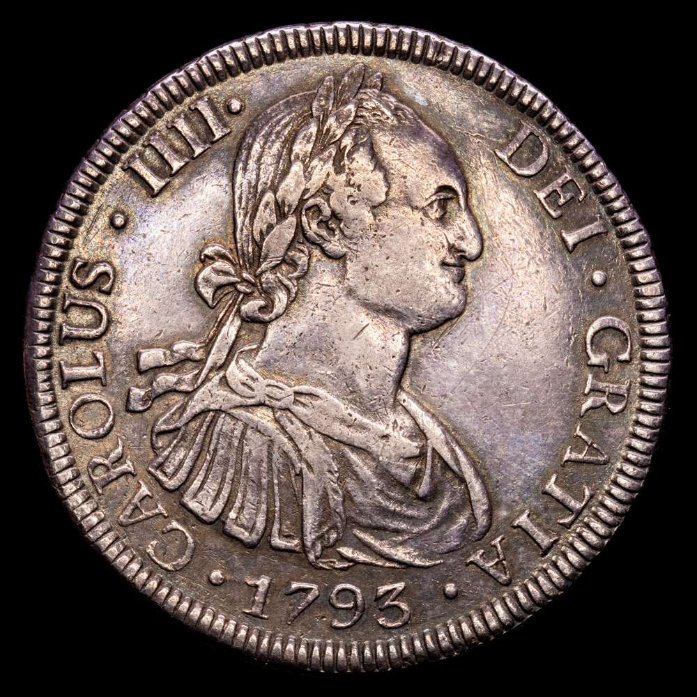 Carlos IV. 8 Reales. (26,86 g.). Potosí. 1793. Ensayador P·R. Aureo y Calico-993. MBC+. Bella pátina oscura