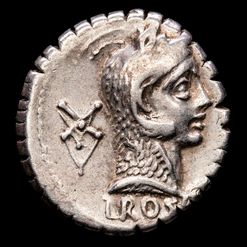 Denario. 64 aC ROSCIA. L. Roscio. 3,86 grs. AR. Par de símbolos nº 85 de Crawford. BMC-3394-10; Cal-1231; Craw-412/1; FFC-1090; Se-3. EBC-.