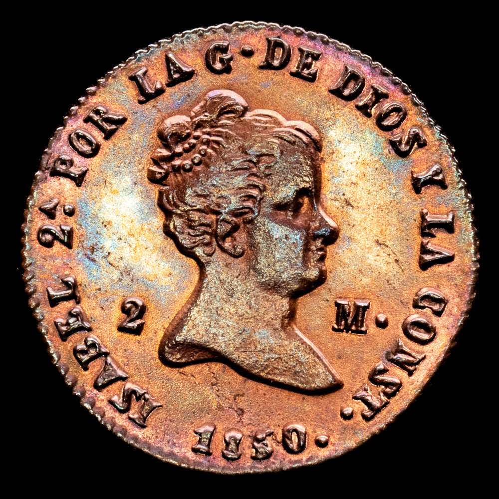 Isabel II (1833-1868). 2 maravedís. 1850. Segovia. (Cal-63). Ae. 2,51 g. Restos de brillo original. SC-.