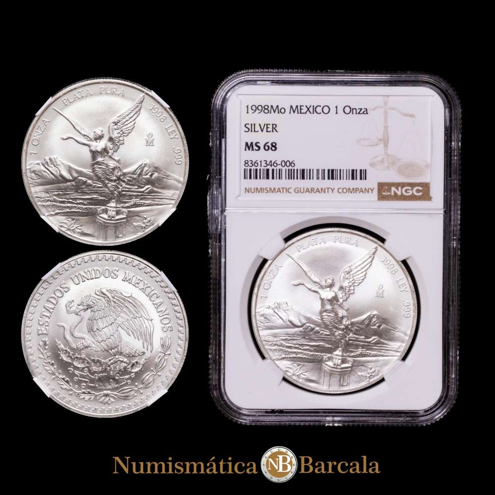 Moneda de plata “Libertad” de México Estados Unidos Onza 1998-Mo. Encapsulada por NGC como MS68, ceca de la Ciudad de México, KM613. Tirada: 67 000.