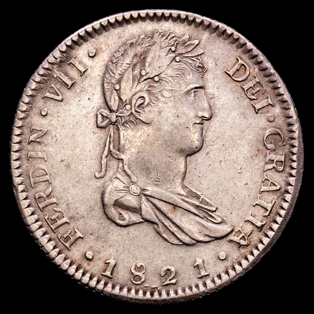 FERNANDO VII. KM-111.3 (AC-1209) – 8 Reales 1821/18 Guadalajara Ga FS. XF.- (26,88 gramos). Sobrefecha bastante escasa. Suave pátina en el anverso e irisada en reverso. Bella moneda.