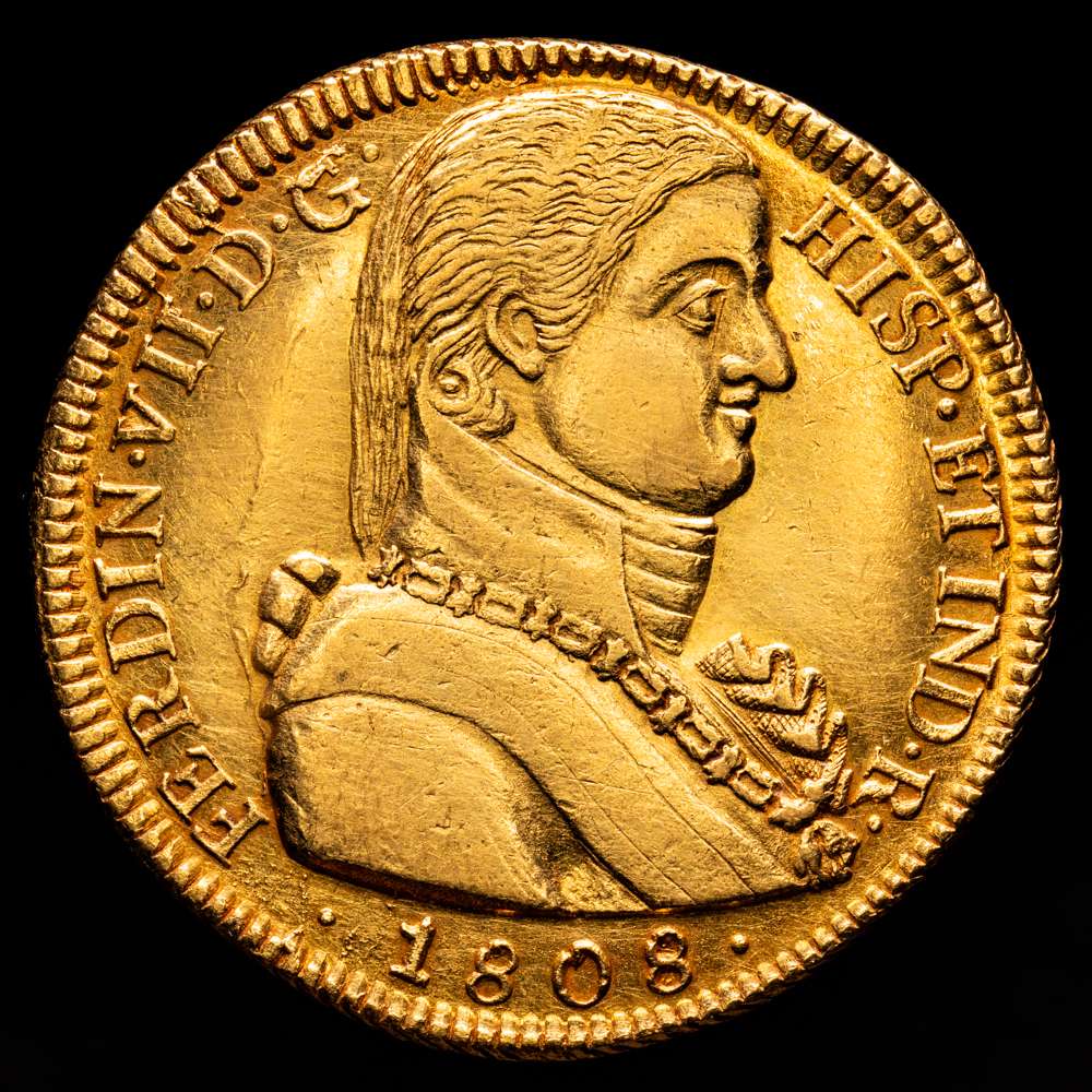 FERNANDO VII. Santiago de Chile. 8 escudos. 1808. FJ. (Cal-1860). (Cal onza-1341). Au. 27,01 g. EBC o algo mejor, restos de brillo original. Muy buen ejemplar. Escasa en esta presentación.