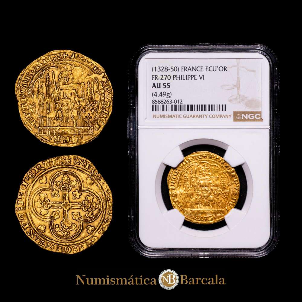 Francia. Felipe VI de Valois (1328-1350). 1 écu d’or.(4,49 g).(Fr. 270) (D. 249). Encapsulado por NGC AU 55. Gran parte de brillo original, escasa así.