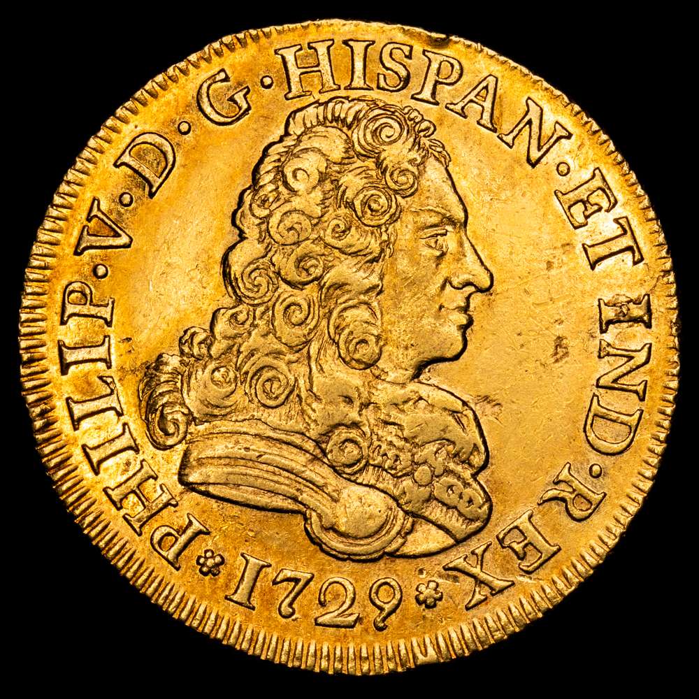 Felipe V (1700-1746). Sevilla. 4 escudos. 1729. (Cal-2092). 13,41 gramos. Primer año de busto. Sin indicación de valor ni ensayador. Bello color. Parte de brillo original. Rara. EBC.