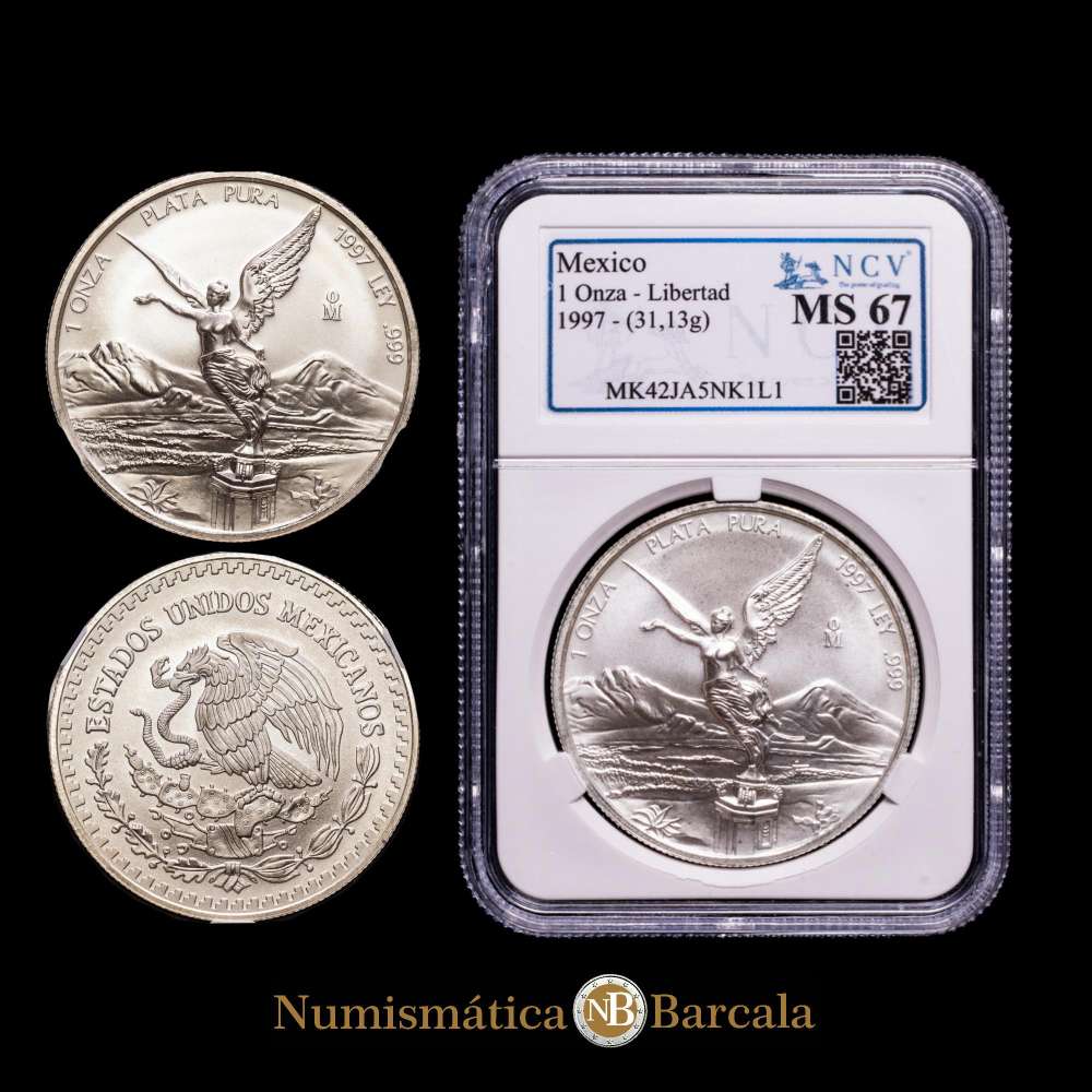 Moneda de plata Onza 1997-Mo de México. Encapsulada por NCV como MS67 , Casa de la Moneda de la Ciudad de México, KM613. Tirada: 100 000.