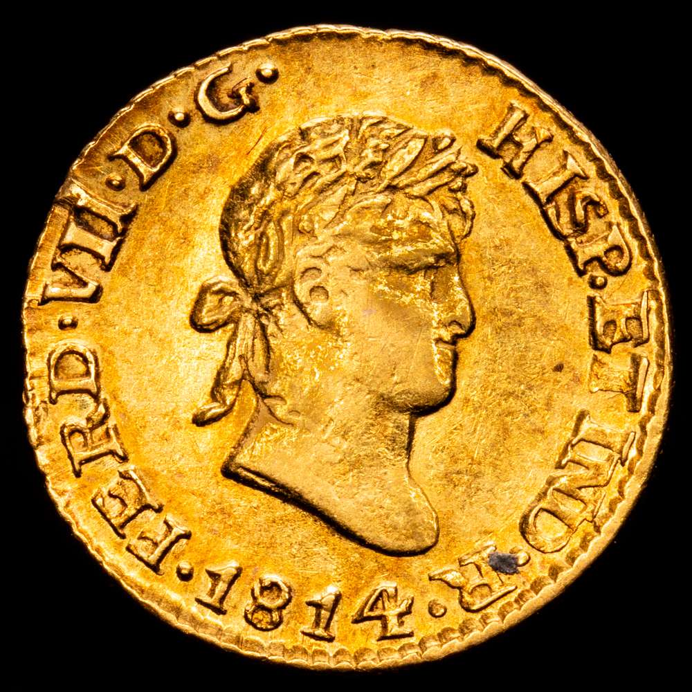 Fernando VII (1808-1833). 1/2 escudo. 1814. México. JJ. (Cal-1487). Au. 1,71 g. Bello color. Escasa, más en esta conservación. EBC-.
