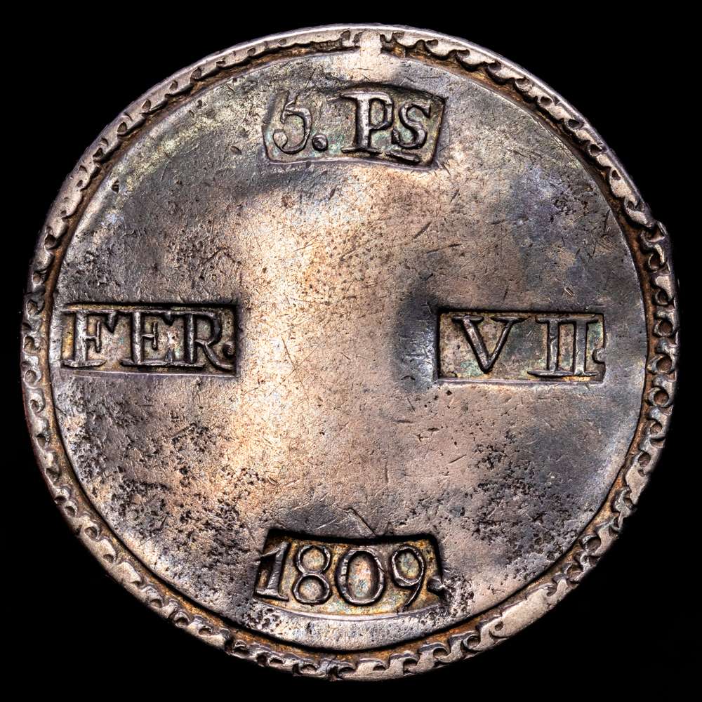 Fernando VII (1808-1833). 5 pesetas. 1809. Tarragona. (Cal-1429). Ag. 26,36 gramos. Cero de la fecha grande, escudo ancho. Pátina. MBC+.