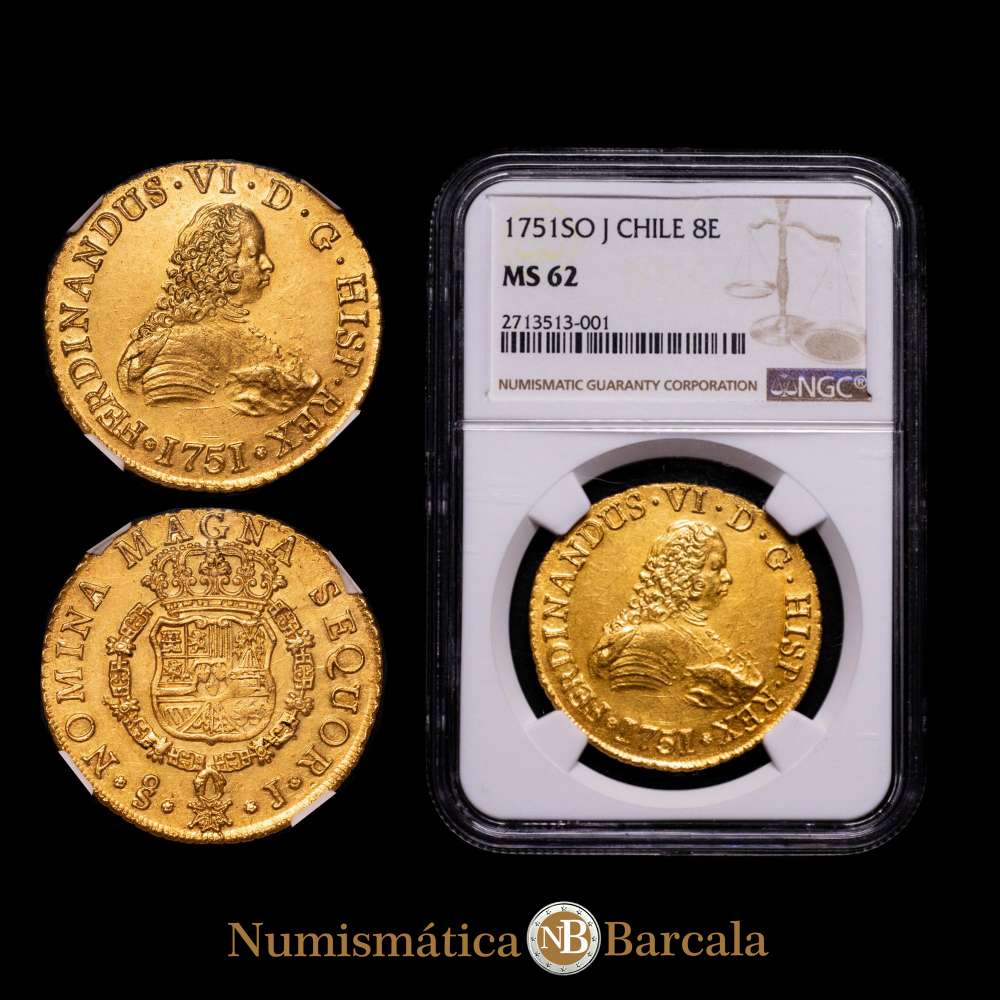 Fernando VI (1746-1759). 8 escudos. 1751. Santiago. J. (Cal-824). (Cal onza-644). Au. Excelente acuñación. Pleno brillo original y precioso. Encapsulada por NGC como MS 62.