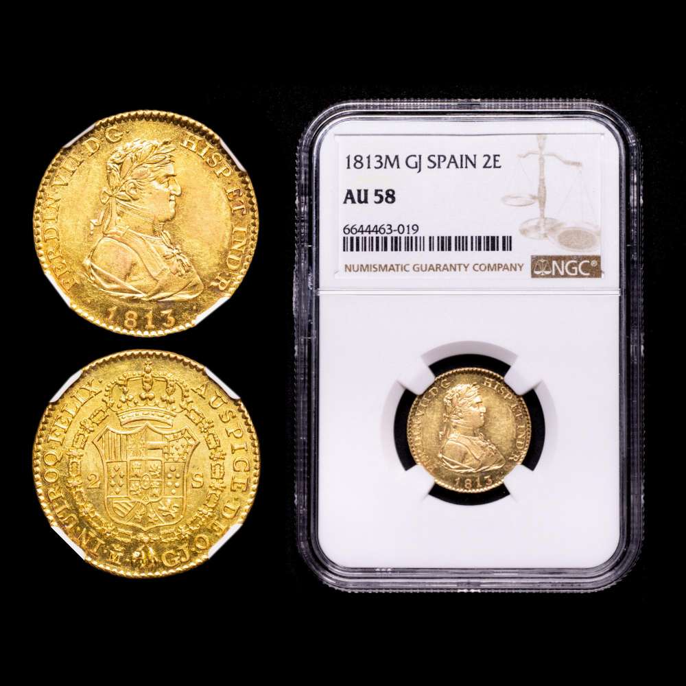 Fernando VII (1808-1833). 2 Escudos. 1813. Madrid. GJ. (AC 1610). Au. Encapsulado por NGC como AU 58. Excelente estado de conservación.