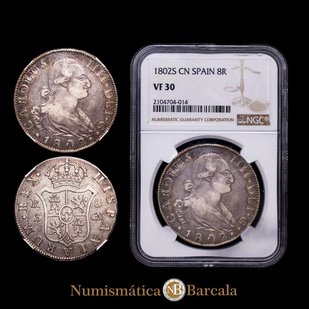 Carlos IV. 8 reales. 1802. Sevilla. CN. AR. VI-864; AC-1064. Encapsulada Encapsulado por NGC como VF 30. Suave pátina.