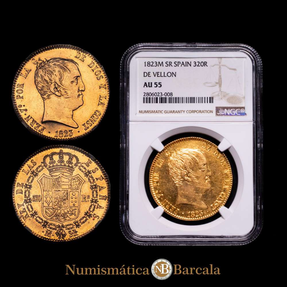 Fernando VII (1808-1833). 320 reales. 1823. Madrid. SR. (Cal-1779). . Au. 26,98 gramos. Tipo “cabezón”. Pleno brillo original. Muy rara y más así. Encapsulada por NGC como AU 55.
