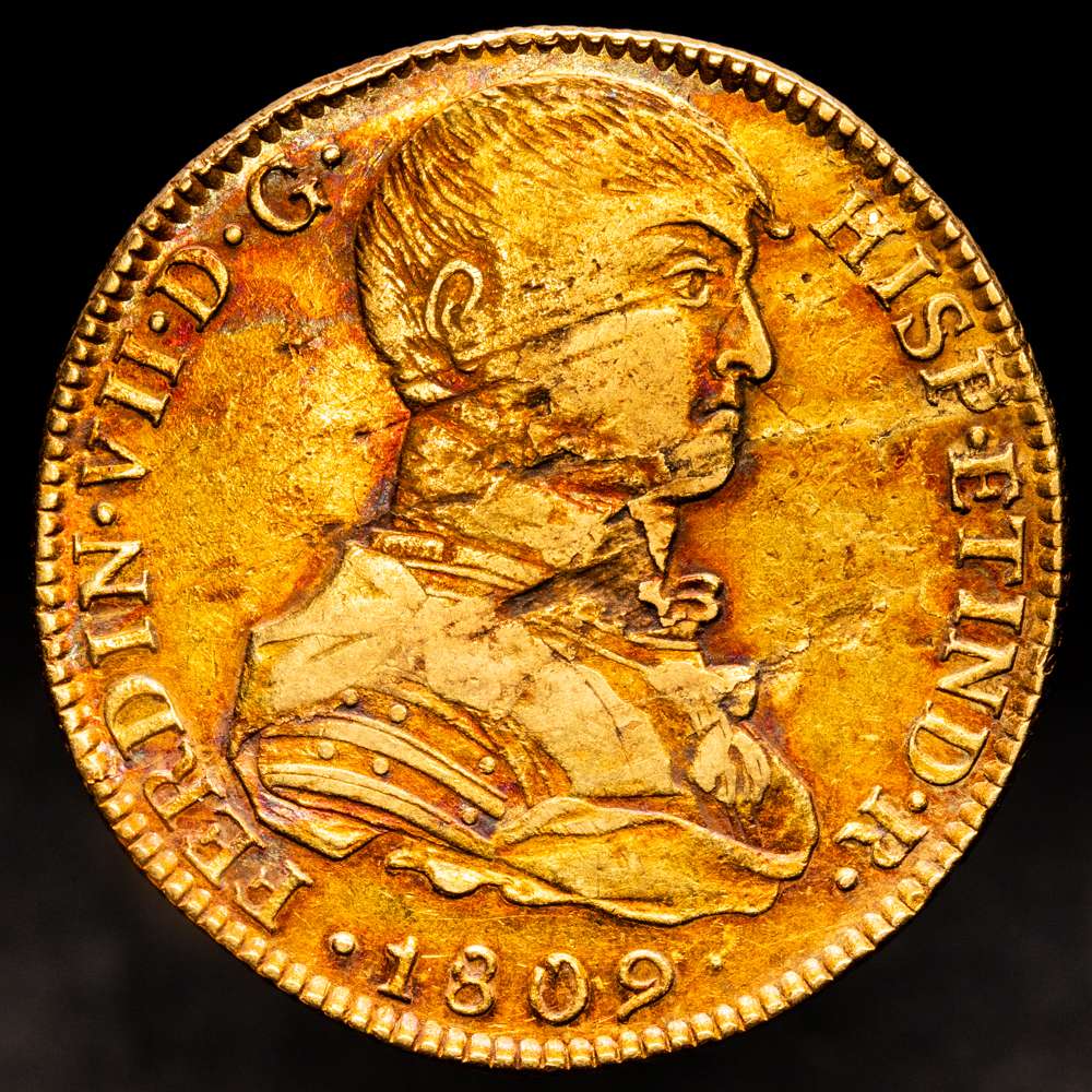 Fernando VII (1808-1833). 8 escudos. 1809. Lima. J.P. (Cal-1754). (Cal onza-1212). Au. 26,96 gramos. Busto indígena. Sin punto entre ET e IND. (Hojitas). Bella pátina irisada. MBC+.