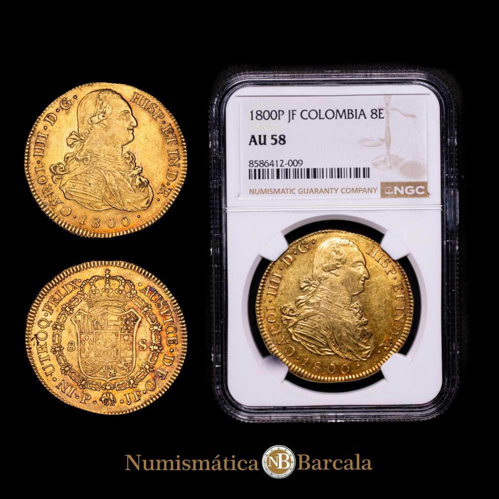 Carlos IV (1788-1808). 8 escudos. 1800. Popayán. JF. (Cal-1673). (Cal onza-1063). (Restrepo-98-20). Au. 27,02 g. Encapsulado por NGC como AU 58. Bella pátina.