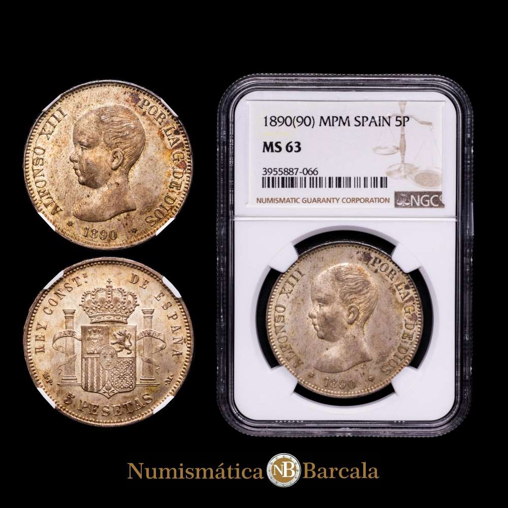 Alfonso XIII (1886-1931). 5 pesetas. 1890*18-90. Madrid. PGM. (Cal-97). Ag. Suave pátina dorada.  Encapsulada por NGC como MS 63. Top Pop.