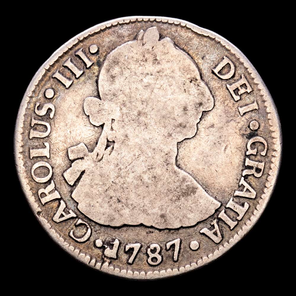 Carlos III. 2 Reales. (6,15 g.). Santiago. 1787. Aureo y Calicó – 768. BC+. Rara.