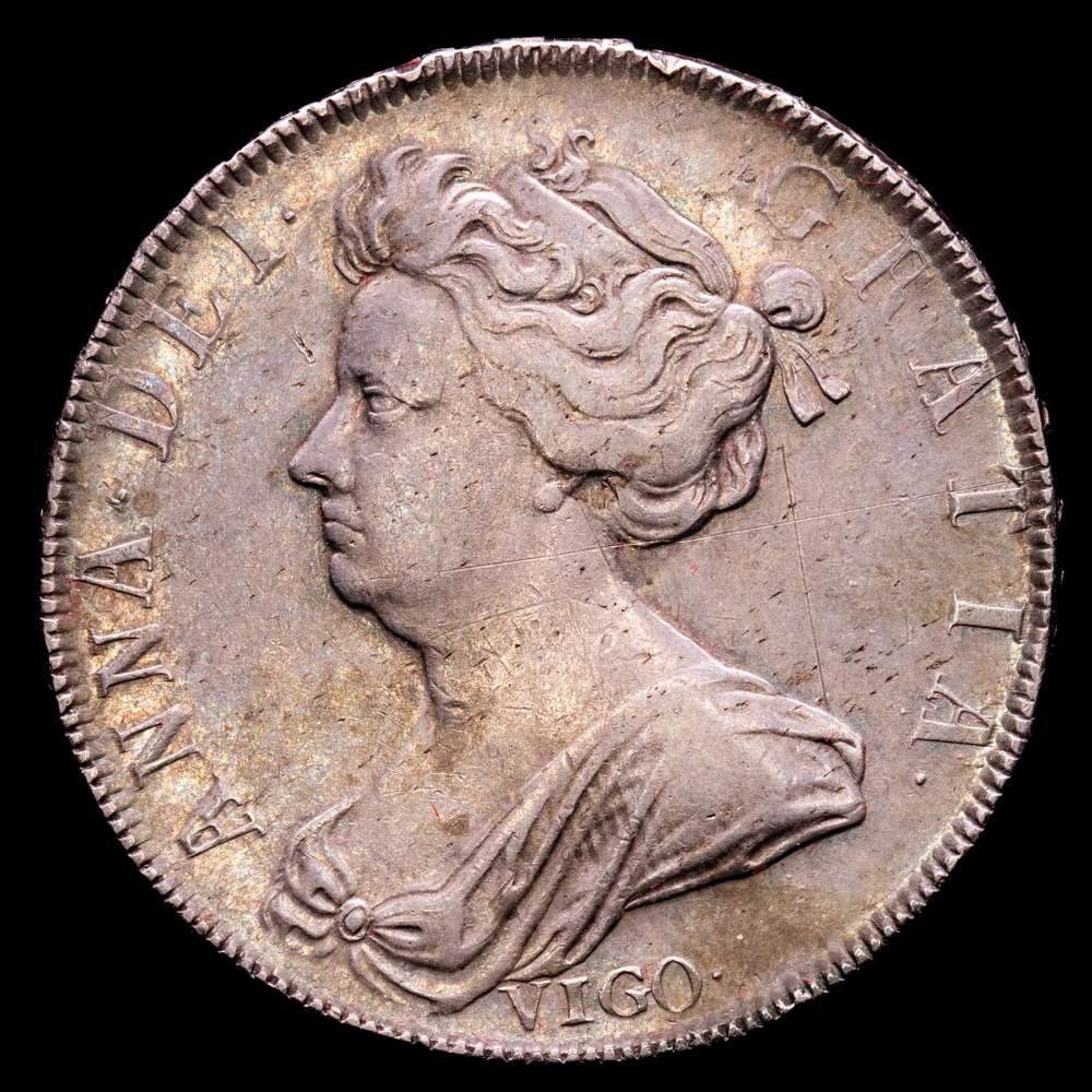 Gran Bretaña. Ana. 1/2 corona. 1703. VIGO. (Km-518,2). Ag. 14,92 gramos. Leyenda TERTIO en el canto. Pátina de monetario. MBC+.