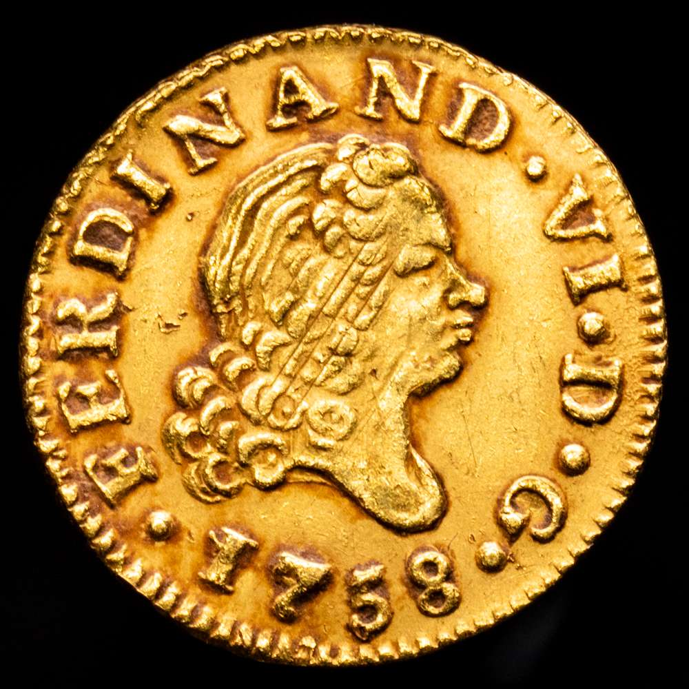 Fernando VI (1746-1759). 1/2 escudo. 1758. Madrid. JB. (Cal-564). Au. 1,77 g. MBC+.