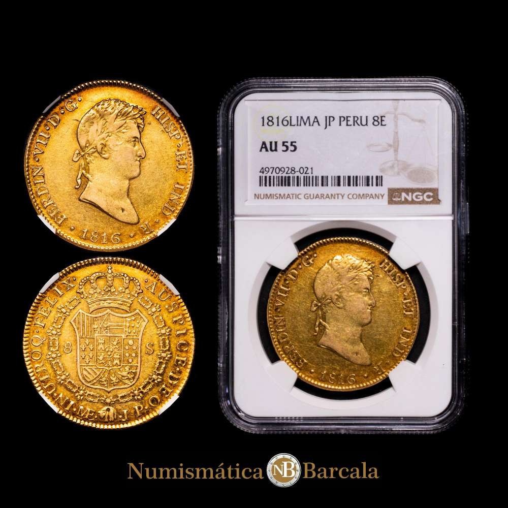 Fernando VII (1808-1833). 8 escudos. 1816. Lima. J.P. (AC. 1763) (Cal.Onza 1225). Encapsulada por NGC como AU 55. Preciosa pátina naranja.