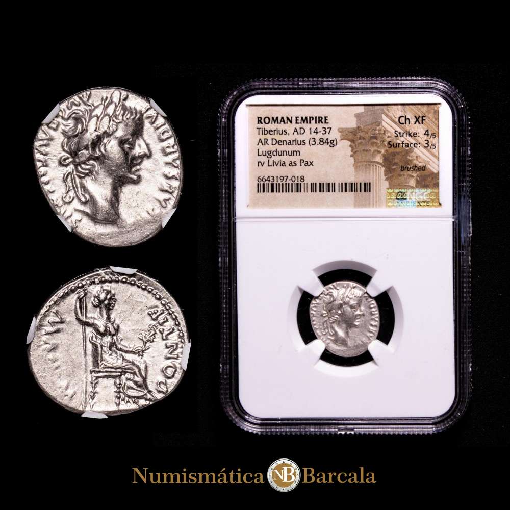 Tiberio. Denario. Lugdunum. 14-37 d.C. RIC-30. Encapsulada por NGC como Ch XF.