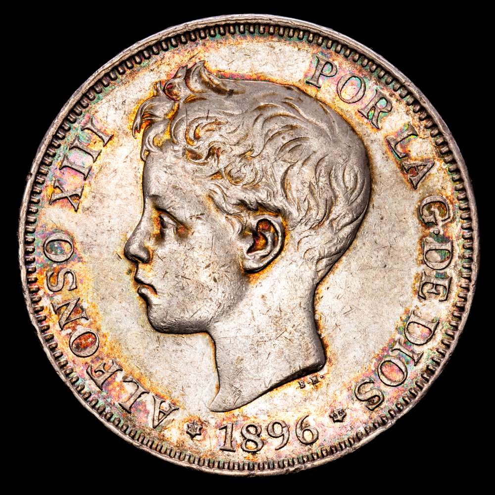 ALFONSO XIII (1885-1931). 5 pesetas. (Ar. 25,06g/37mm). 1896 *18-96. Madrid PGV. (Cal-2019-106). EBC. Restos de brillo original, tono irisado.
