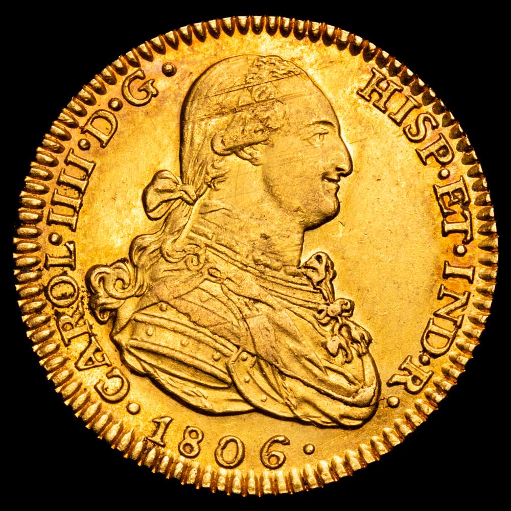 Carlos IV (1788-1808). 2 escudos. 1806. Madrid. FA/MF. (Cal-1313). Ag. 6,71 g. Parte de brillo original. EBC. Bello color.