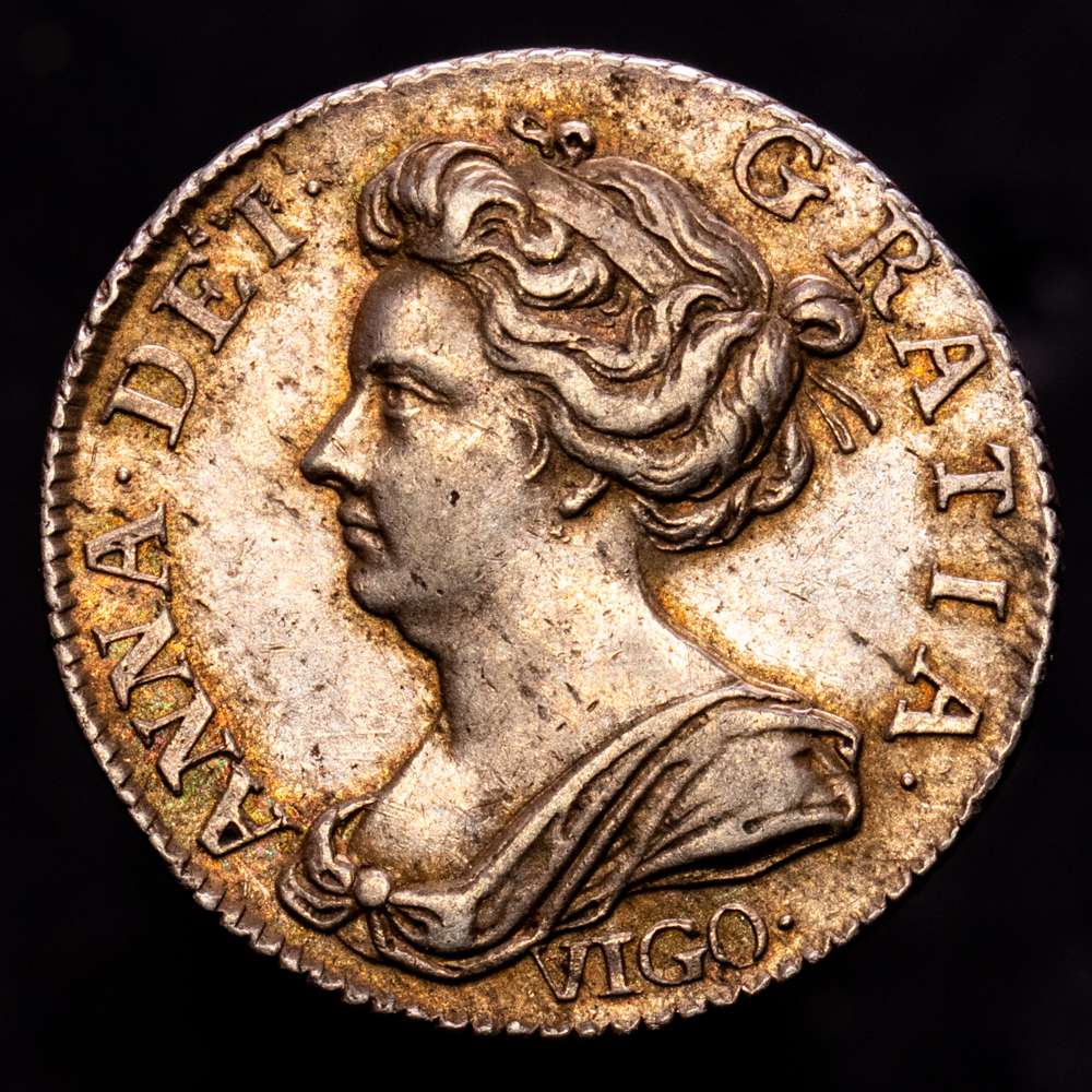 Gran Bretaña. Ana. 6 peniques. 1703. Vigo. (Spink-3590). (Km-516,1). Ag. 2,97 gramos. Bella pátina de monetario antiguo. XF.