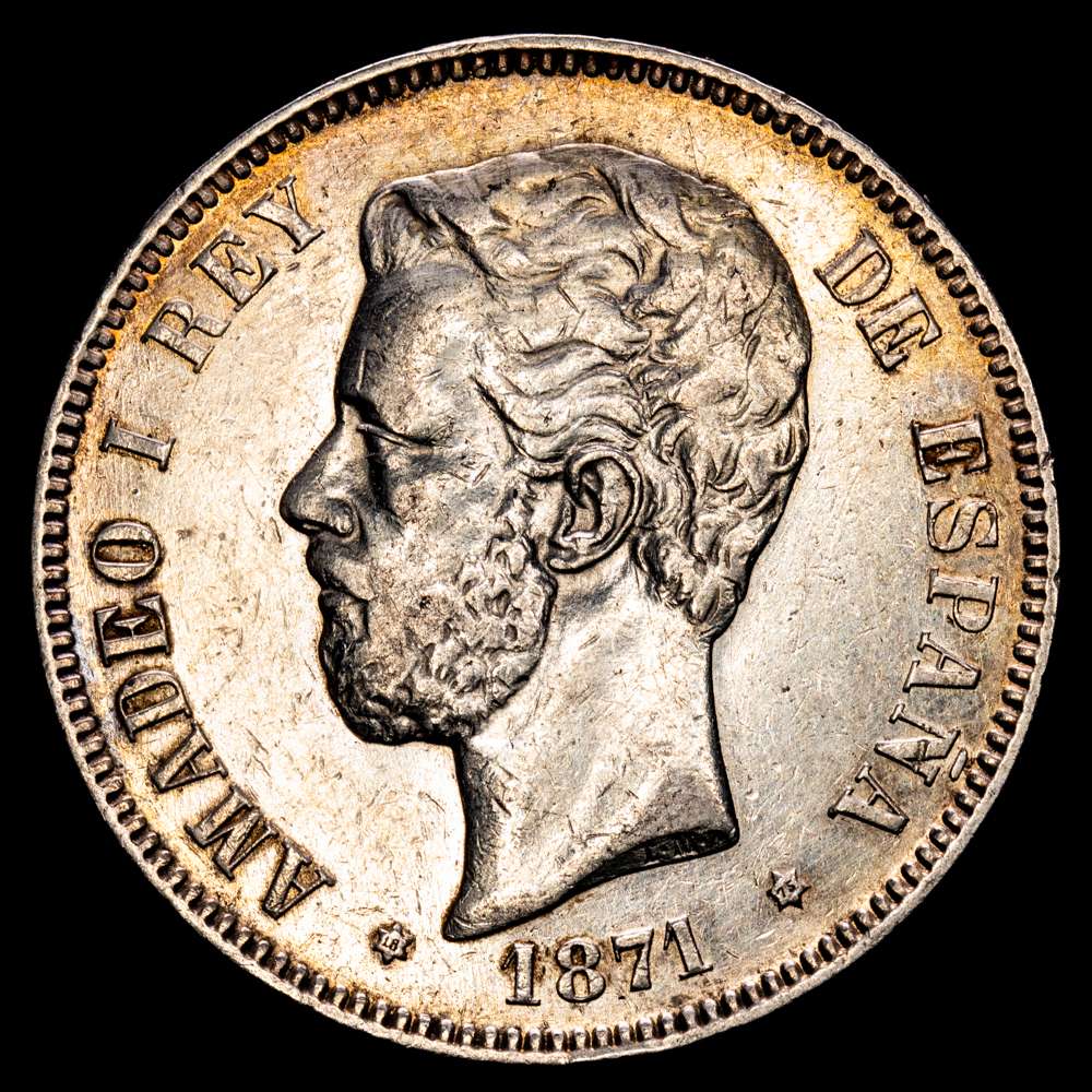 AMADEO I (1871-1873). 5 Pesetas. (Ar. 24,82g/37mm). 1871 *18-75. Madrid DEM. (Cal-7). Acuñada bajo el reinado de Alfonso XII. MBC+. Bonita pátina.