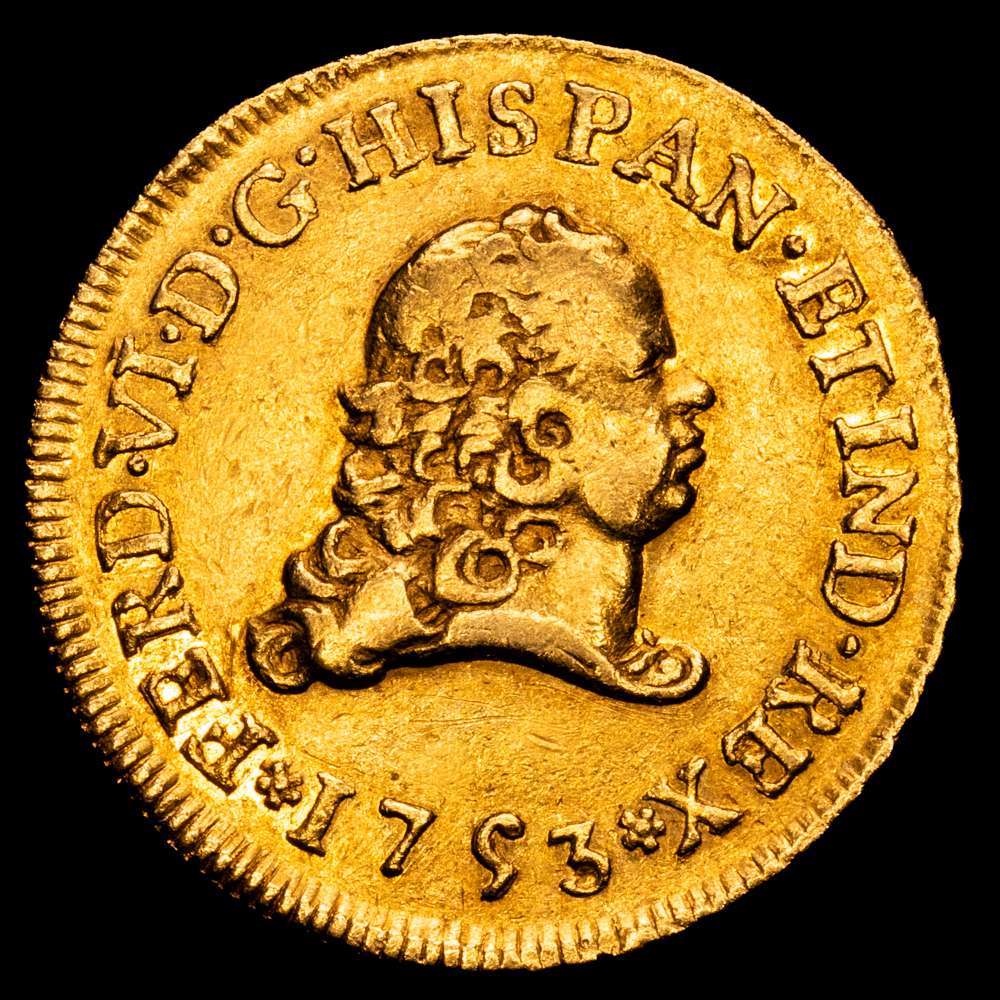 Fernando VI (1746-1759). 2 escudos. 1753. México. MF. (Cal-655). Au. 6,72 gr. Bonito color. Muy raro. MBC+.
