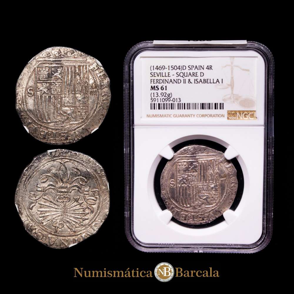 Fernando e Isabel (1474-1504). 4 reales. Sevilla. (Cal-564). Muy redondo con gran parte de las leyendas completas. Atractiva. Rara en esta conservación.  Encapsulada por NGC como MS 61.