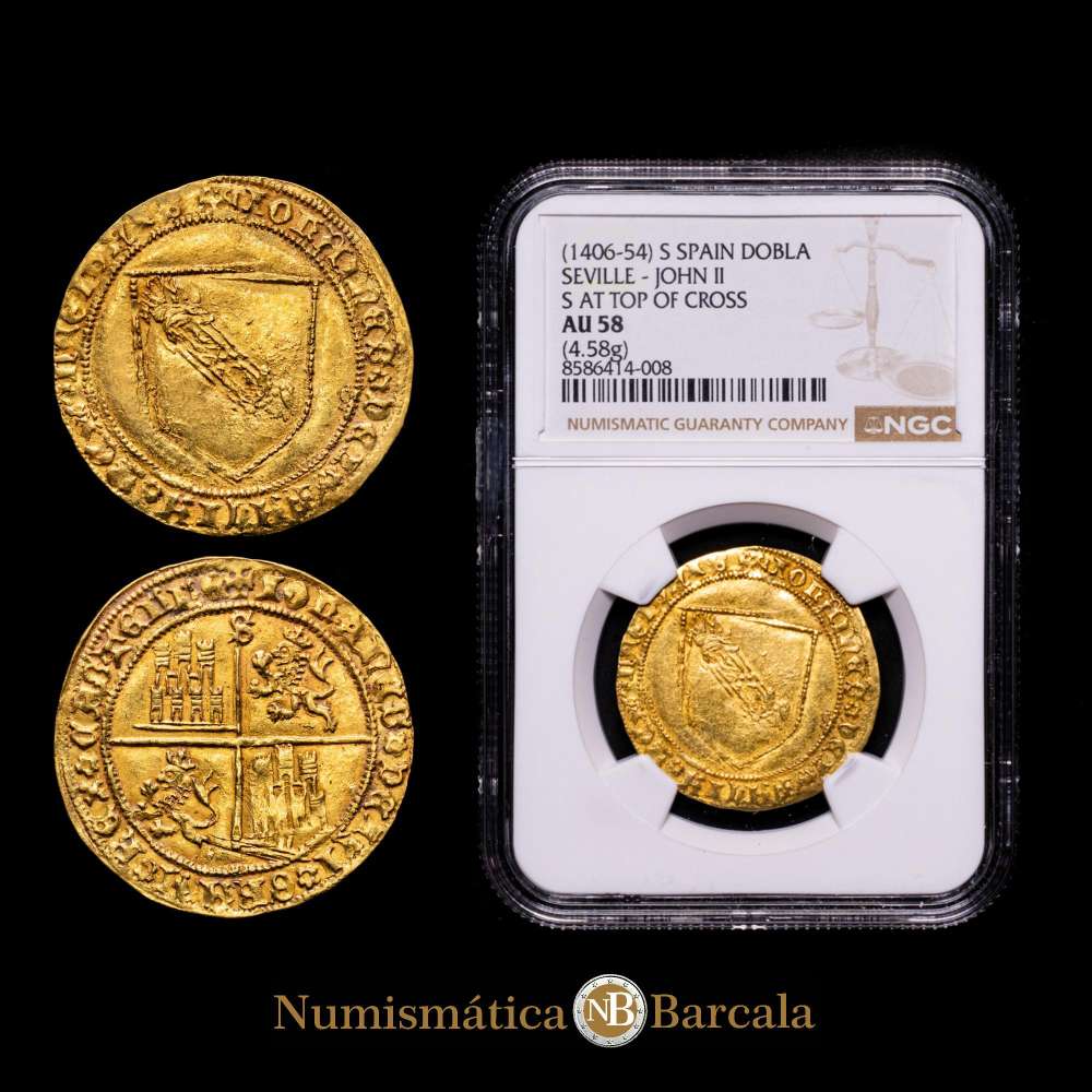 Reino de Castilla y León. Juan II (1406-1454). Dobla de la Banda. Sevilla. (Bautista-791). Au. 4,58 g. S en la parte superior del eje vertical. Encapsulada por NGC como AU 58. Bello color.