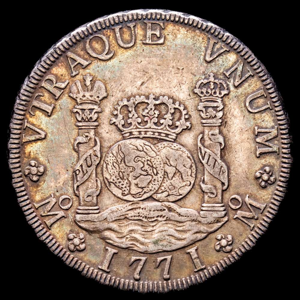 Carlos III (1759-1788). 8 reales. 1771. México. FM. (Cal-1103). Ag. 26,87 gramos. Buen ejemplar. Bella pátina de monetario antiguo. EBC-.