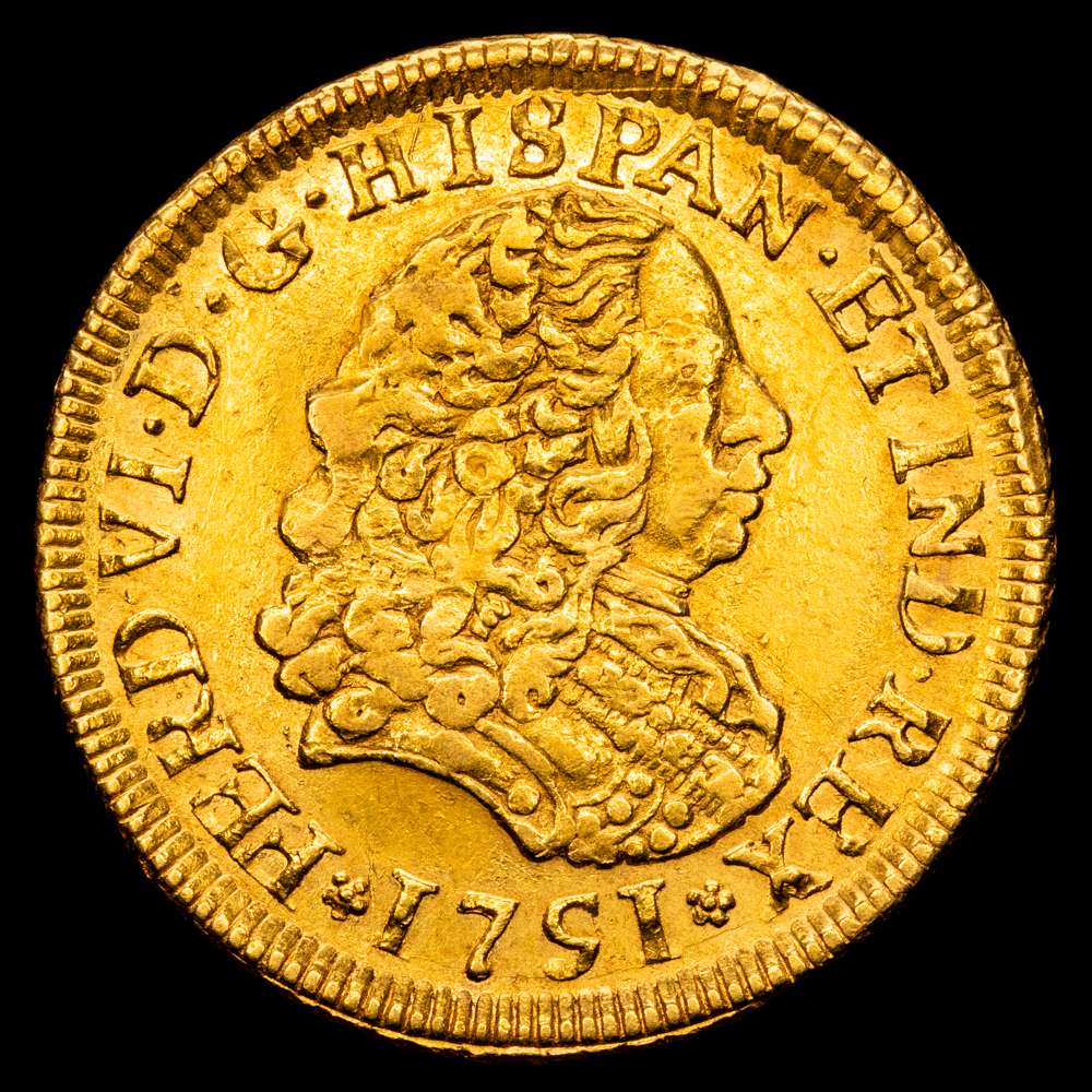 Fernando VI (1746-1759). 2 Escudos. 1751. Lima. J. AU 6,71 g. 24 mm. AC-639. Mínimos restos de brillo original en las letras de las leyendas. Atractivo reverso. Muy rara. MBC+.