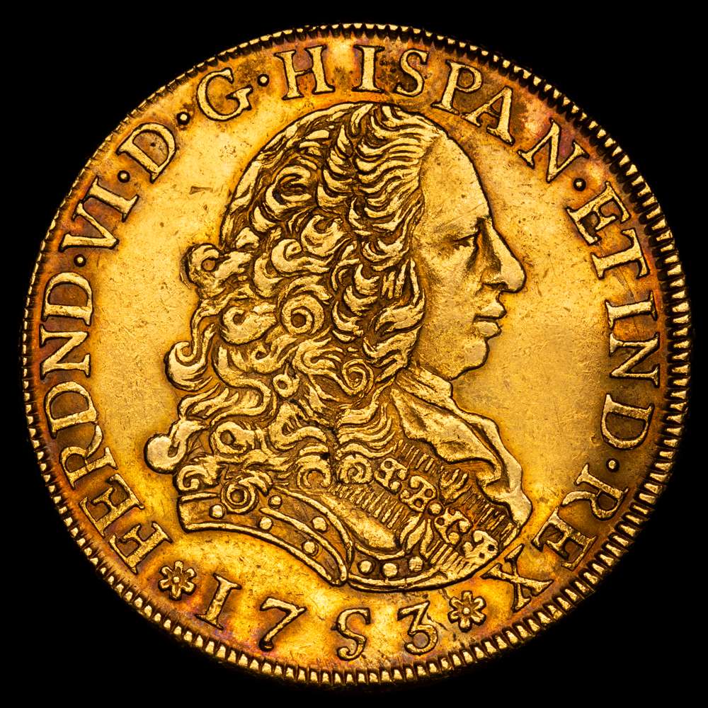 Fernando VI (1746-1759). 8 escudos. 1753. Lima. J. (Cal-766). (Cal onza-580). Au. 26,95 g. Bonito color. Restos de brillo original. Rara. EBC-.