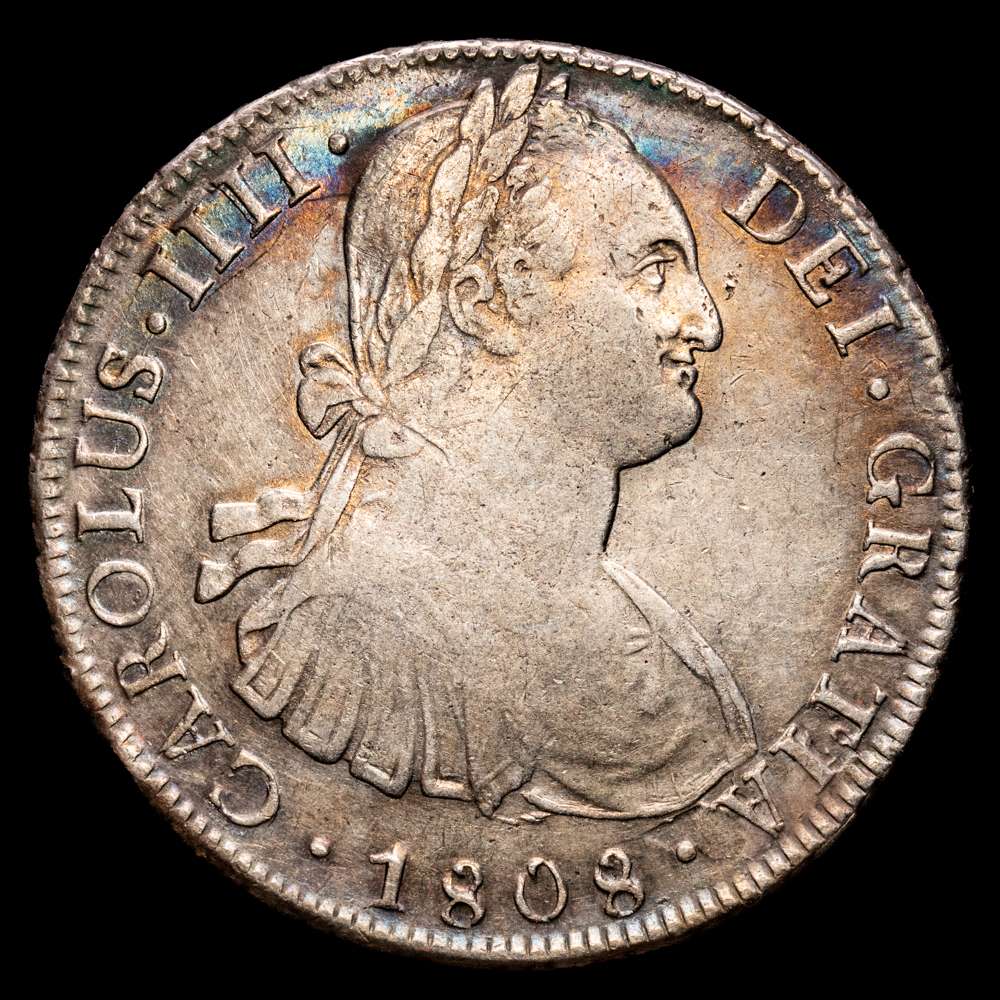 Carlos IV (1788-1808). 8 reales. 1808. Potosí. PJ. (Cal-1014). Ag. 26,84 gramos. Tono suave, ligeramente iridiscente. MBC.