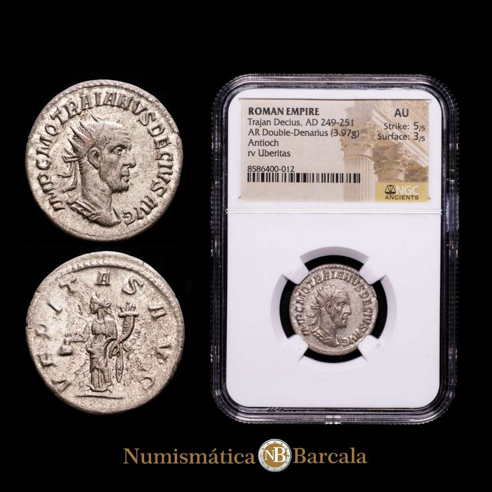 Trajano Decio, Antoniniano (Plata, 22 mm, 3,97 g), Antioquía, 250-251. Cohen 106. RIC -, cf. nota 28b. Encapsulado por NGC como AU Strike: 5/5 Surface: 3/5.
