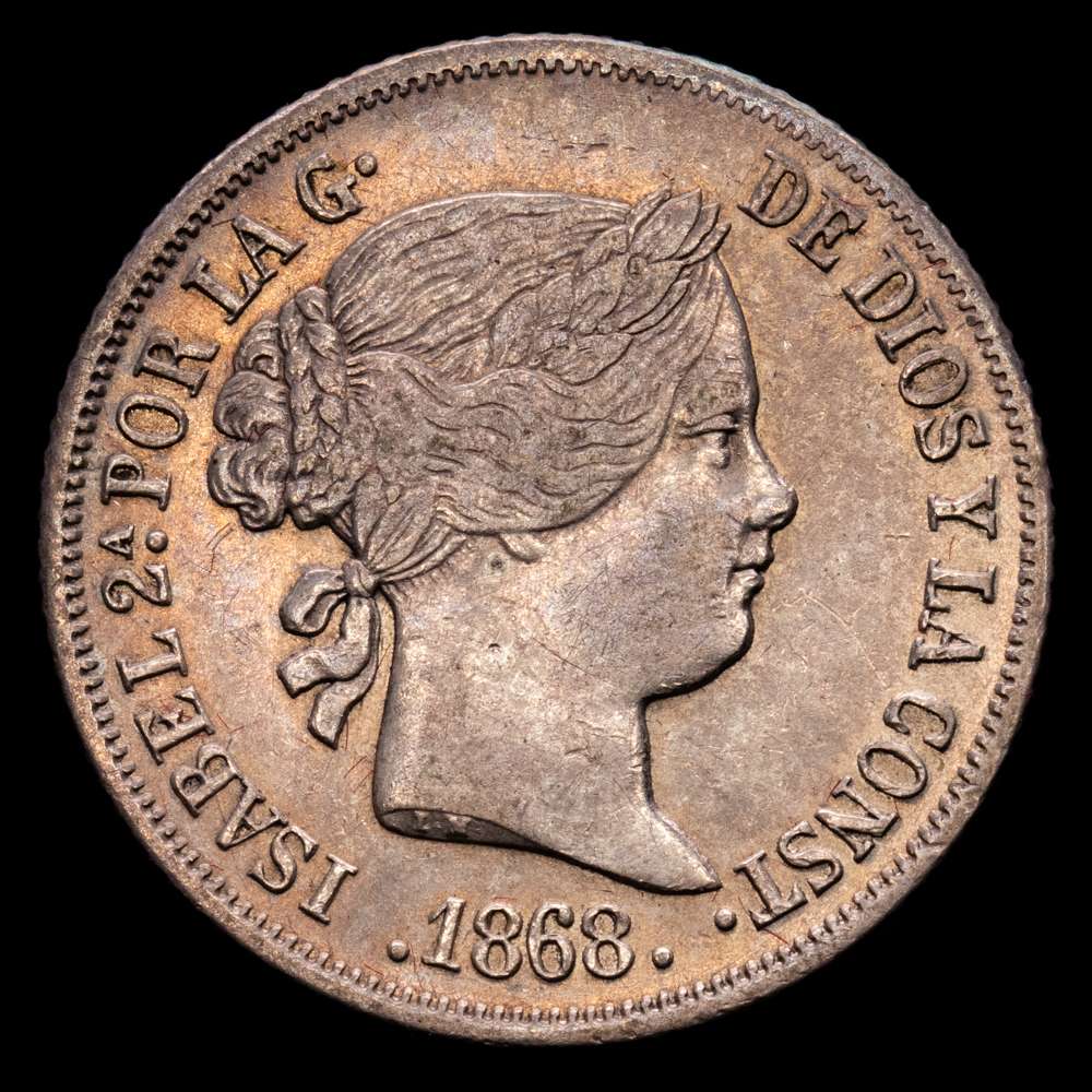 Isabel II (1833-1868). 10 centavos. 1868. Manila. (Cal-656). Ag. 2,61 gramos. Suave pátina. EBC. Escasa así.