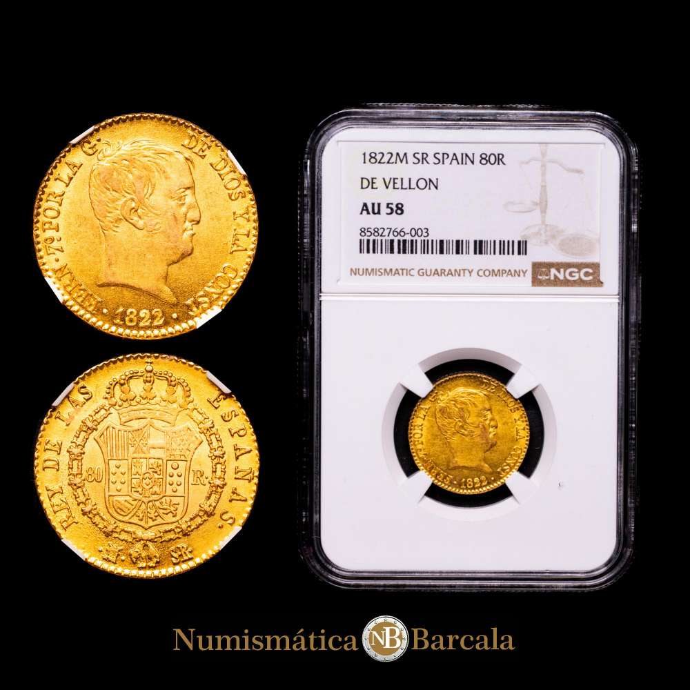Fernando VII (1808-1833). 80 reales. 1822. Madrid. SR. (Cal-1641). Au. Tipo “Cabezón”. Brillo original. Encapsulada por NGC como AU 58. Atractiva.