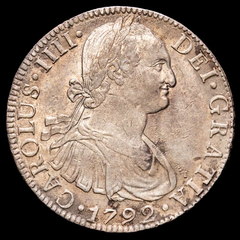 Carlos IV (1788-1808). 8 reales. 1792. México. FM. (Cal-954). Ag. 26,92 gramos. MBC+. Tono.