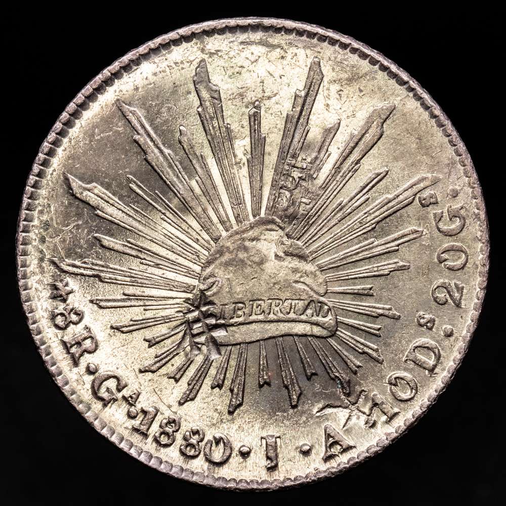 República Federal de México. 1880 Ga. JA. 8 Reales. Plata de brillo original (.903) Ceca de Guadalajara. 27gr. KM 377.6. Resellos chinos. UNC