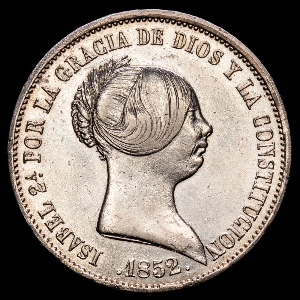 Isabel II (1833-1868). 20 reales. 1852. Sevilla. (Cal-628). Ag. 25,67 gramos. Leves golpecitos en el canto. MBC+.