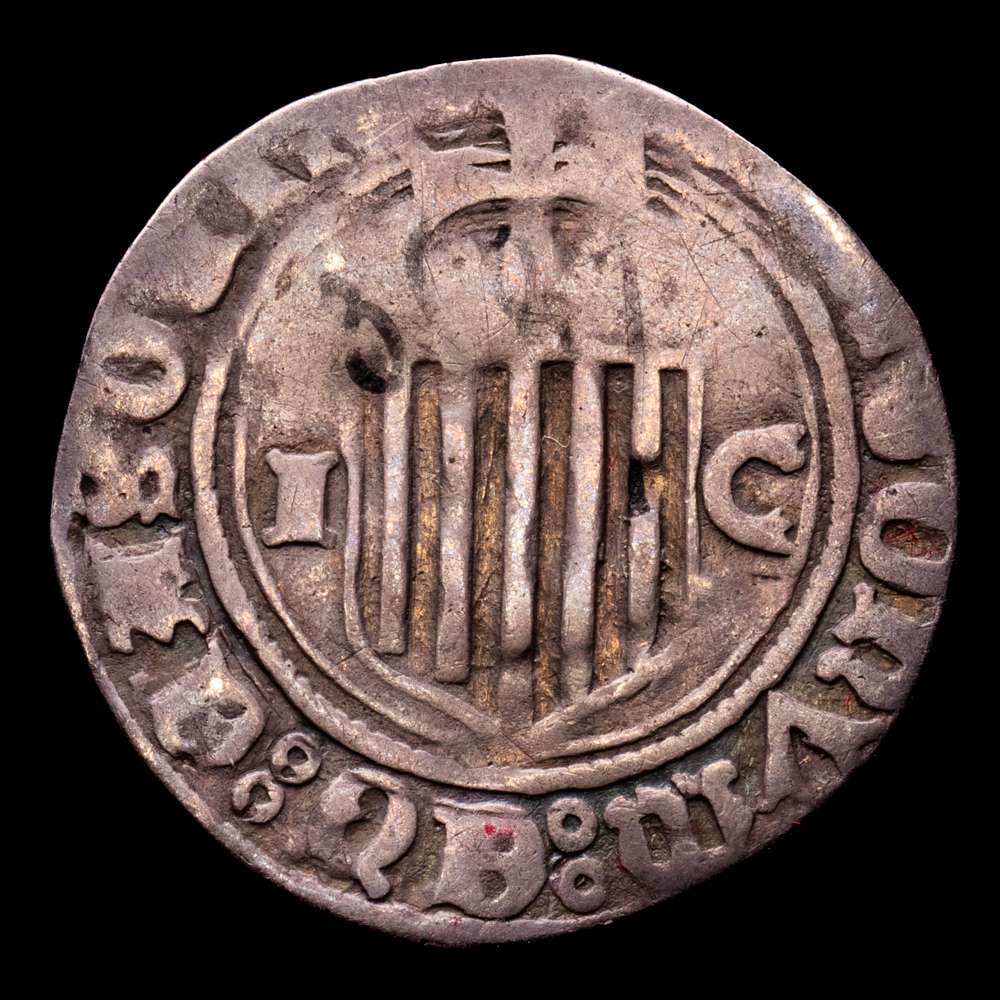 Corona de Aragón. Fernando II (1479-1516). 1/2 real. Zaragoza. IC. (Cal-52). (Cru CG-3205). (Cru VS-1305). Ag. 1,36 g. Pátina. Escasa. (MBC).